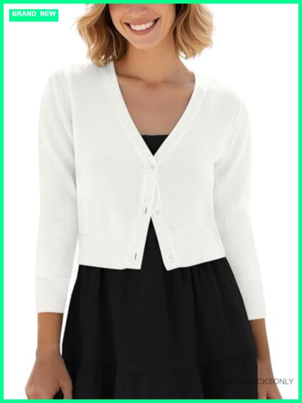 Cropped Cardigan V-Neck Button Down Knitted Sweater 3/4 Sleeve